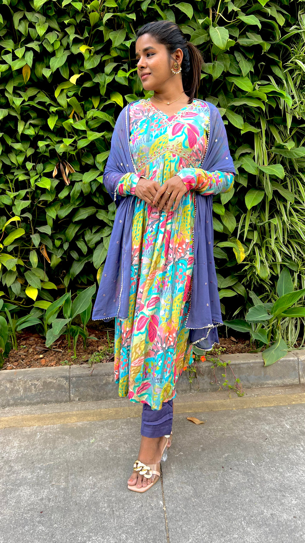 Blue muslin floral printed 3 piece alia cut kurti suit