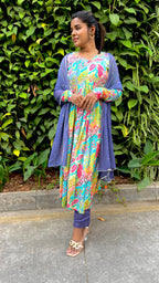 Blue muslin floral printed 3 piece alia cut kurti suit