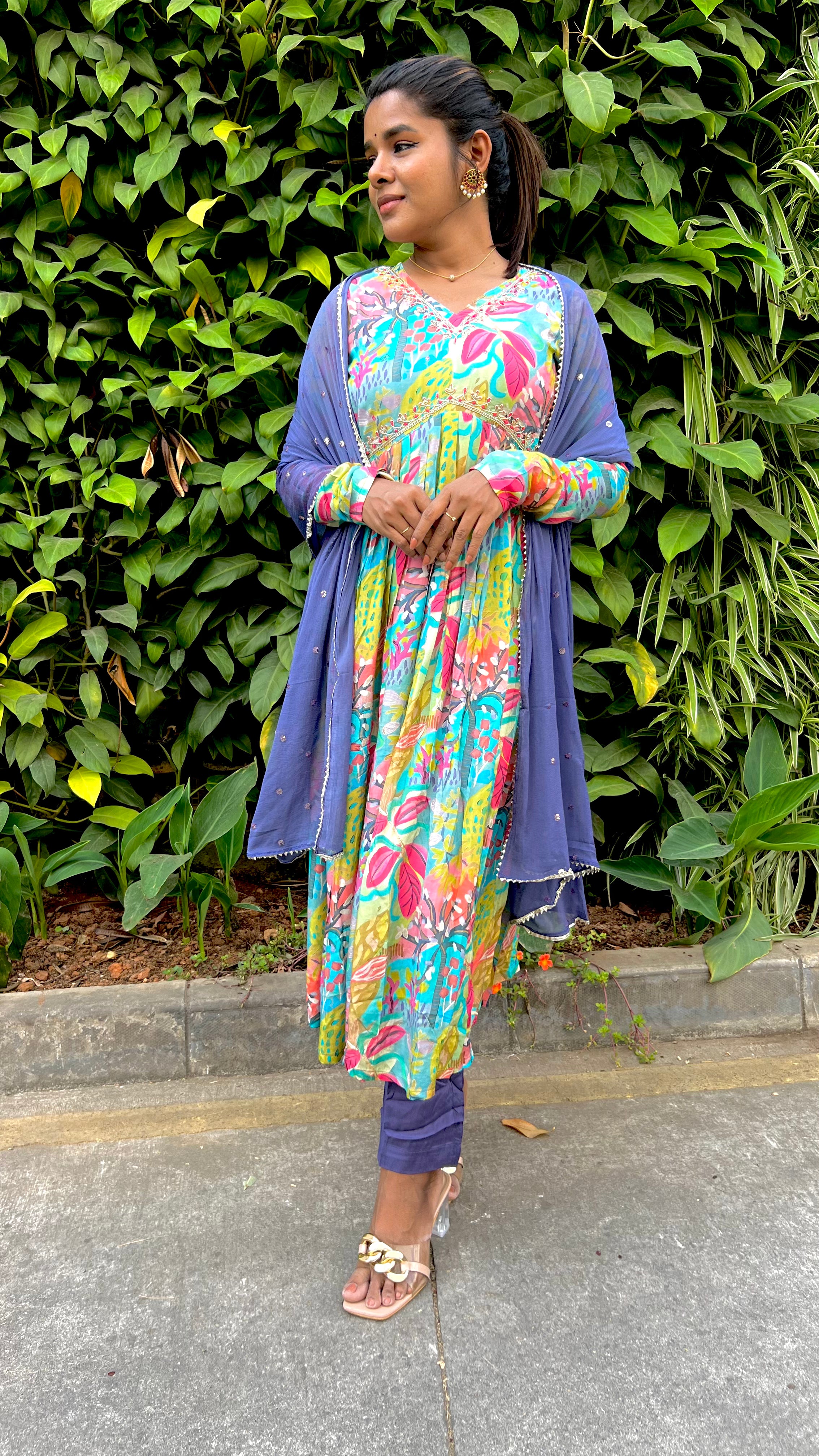 Blue muslin floral printed 3 piece alia cut kurti suit
