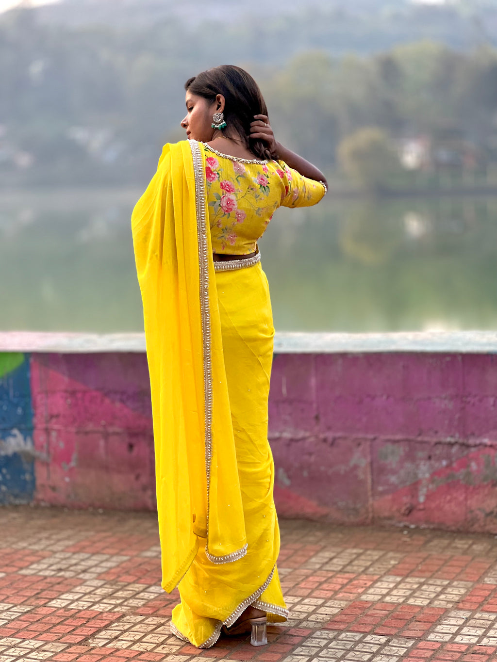 Yellow pearl hand worked blouse