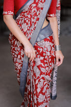 Reddish maroon linen cotton kalamkari saree with embroidery blouse
