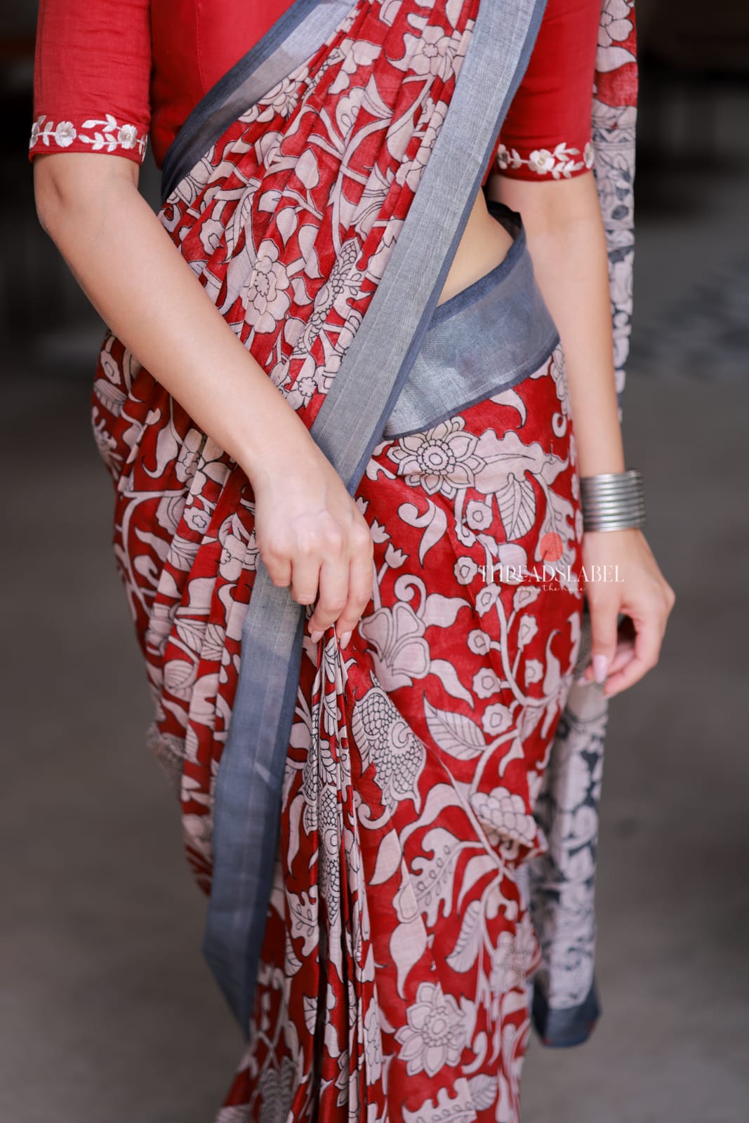 Reddish maroon linen cotton kalamkari saree with embroidery blouse