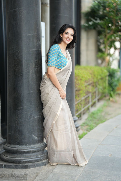 Grey pure kota saree with blue hand work blouse