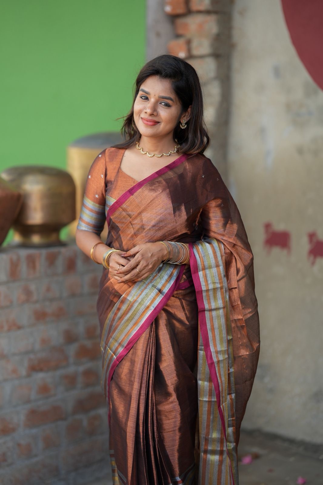 Copper soft tissue saree with handwork blouse