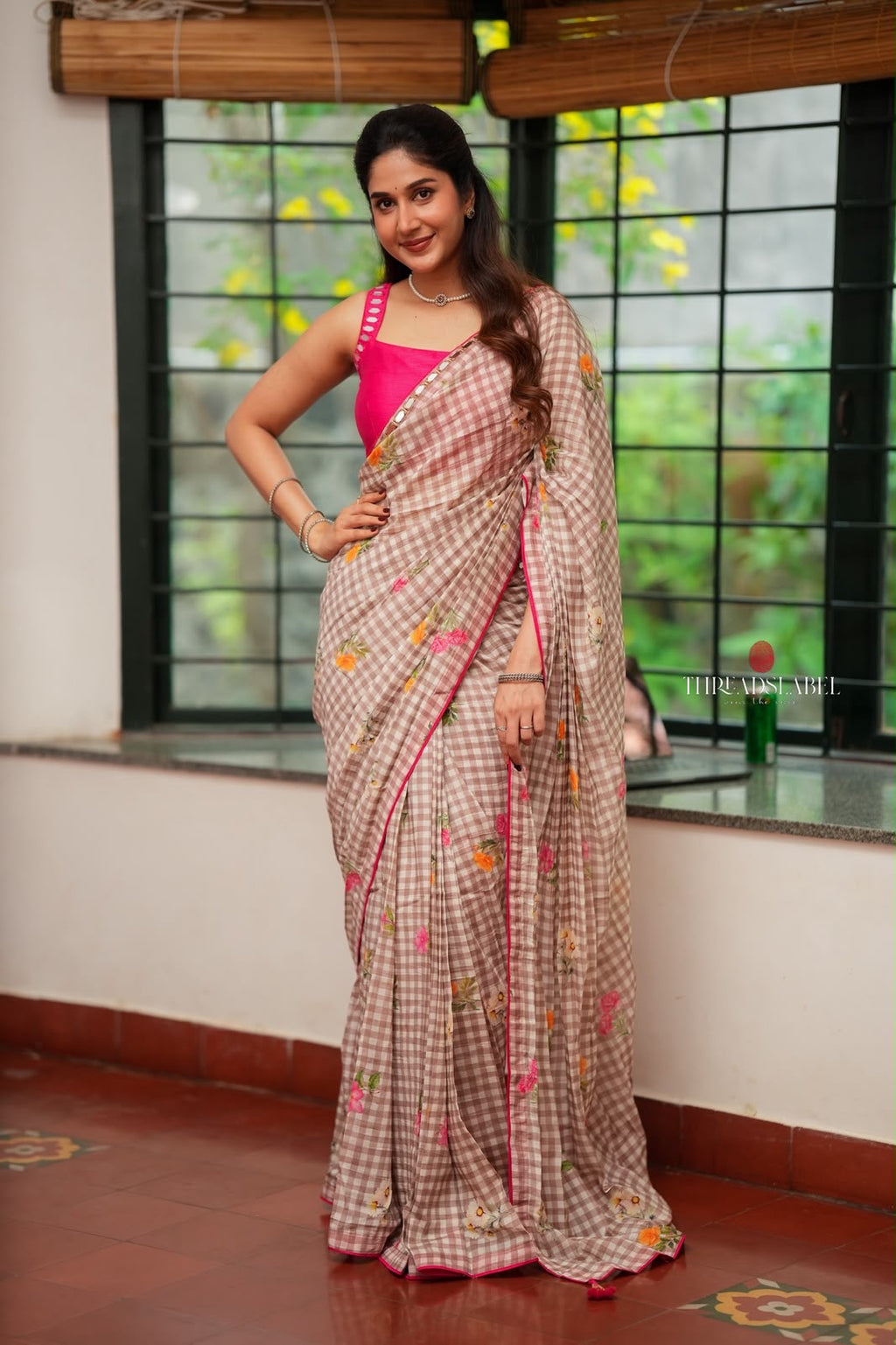 Brown checked mul cotton saree with hand work blouse
