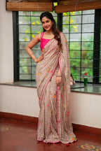 Brown checked mul cotton saree with hand work blouse