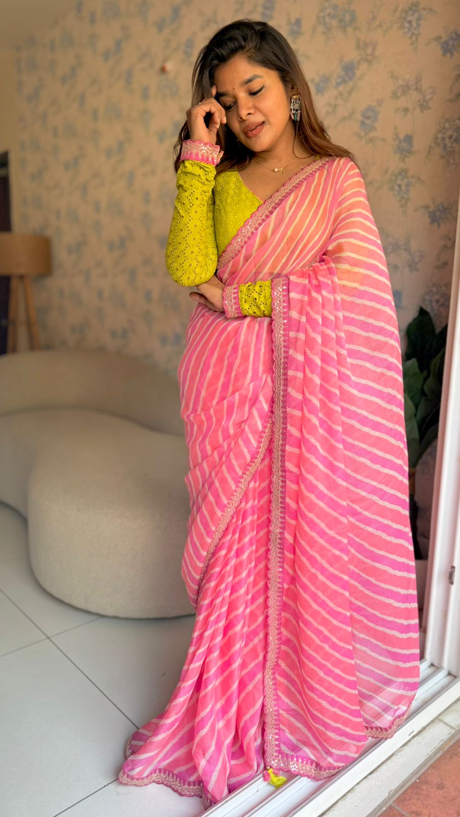 Pink lehariya saree with green hakoba embroidery blouse