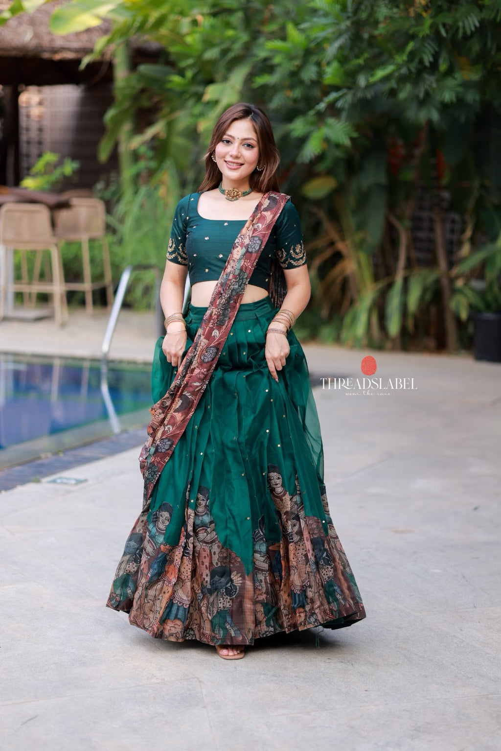Green kalamkari handwork lehenga