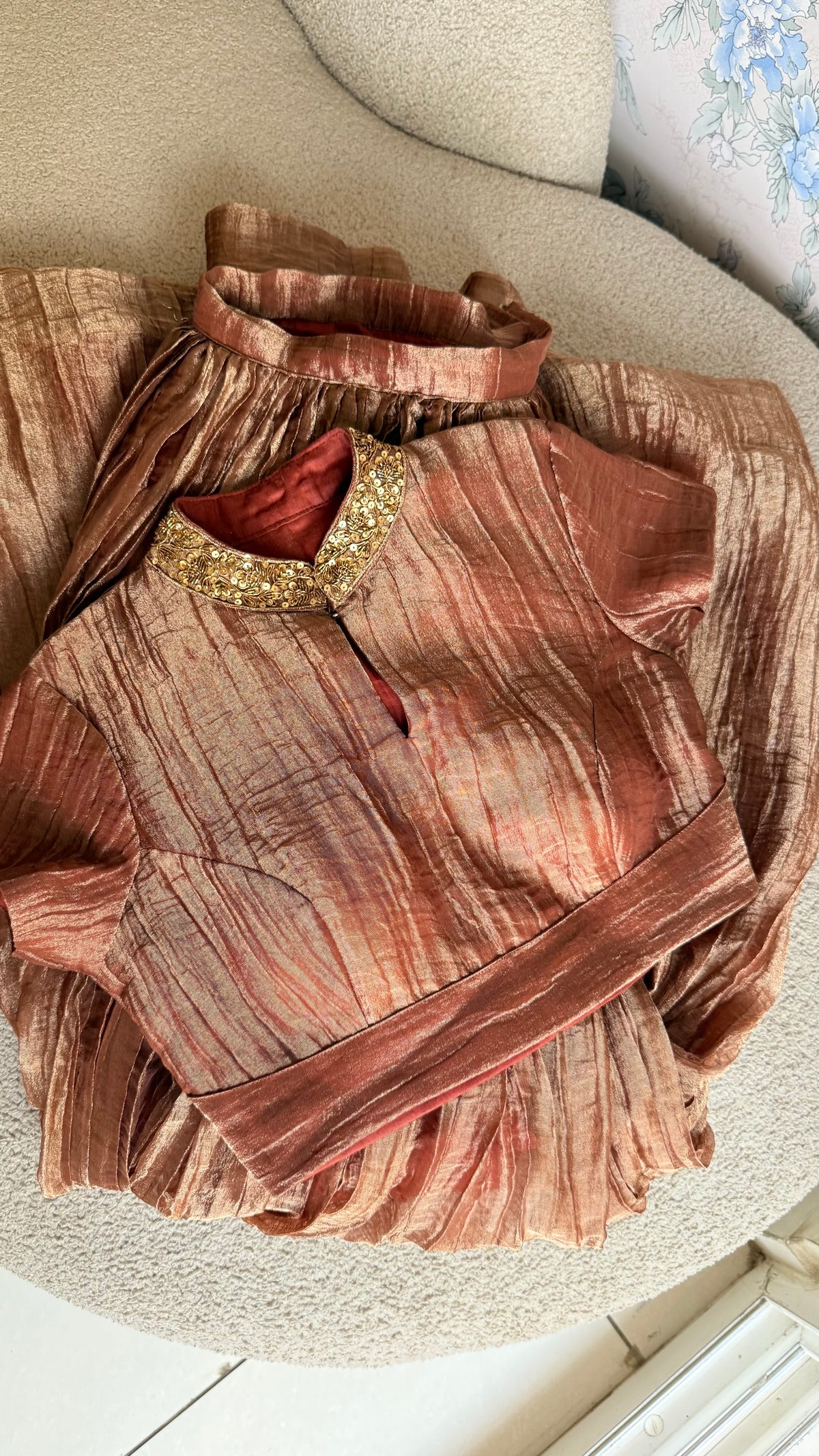 Copper tissue hand work lehenga