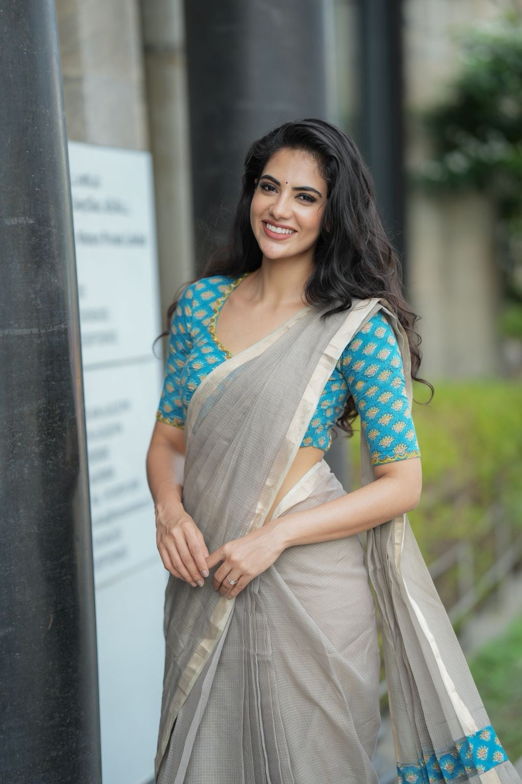 Grey pure kota saree with blue hand work blouse