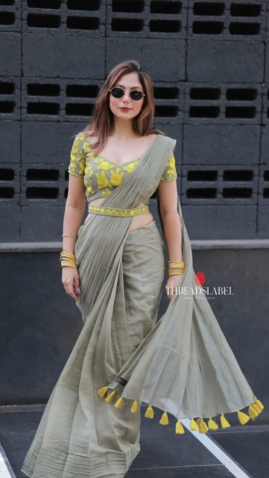 Apple green mul chanderi with embroidery blouse