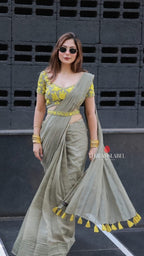 Apple green mul chanderi with embroidery blouse