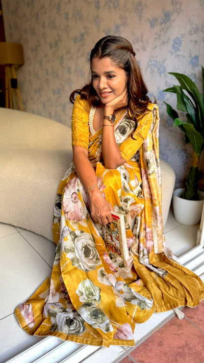 Mustard yellow marble saree with pearl work blouse