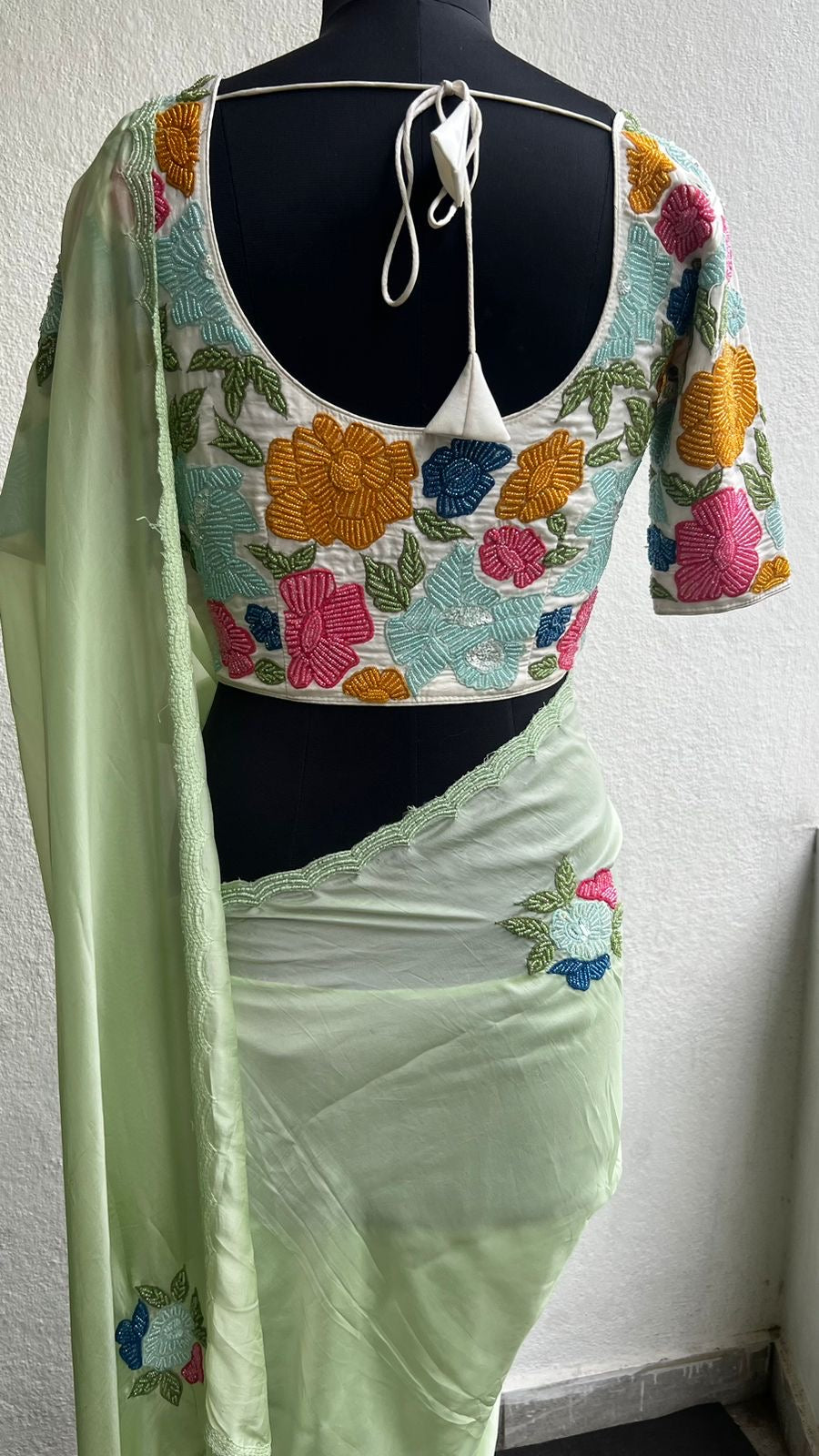 Pista green hand made organza saree & blouse