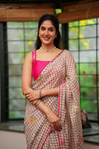 Brown checked mul cotton saree with hand work blouse