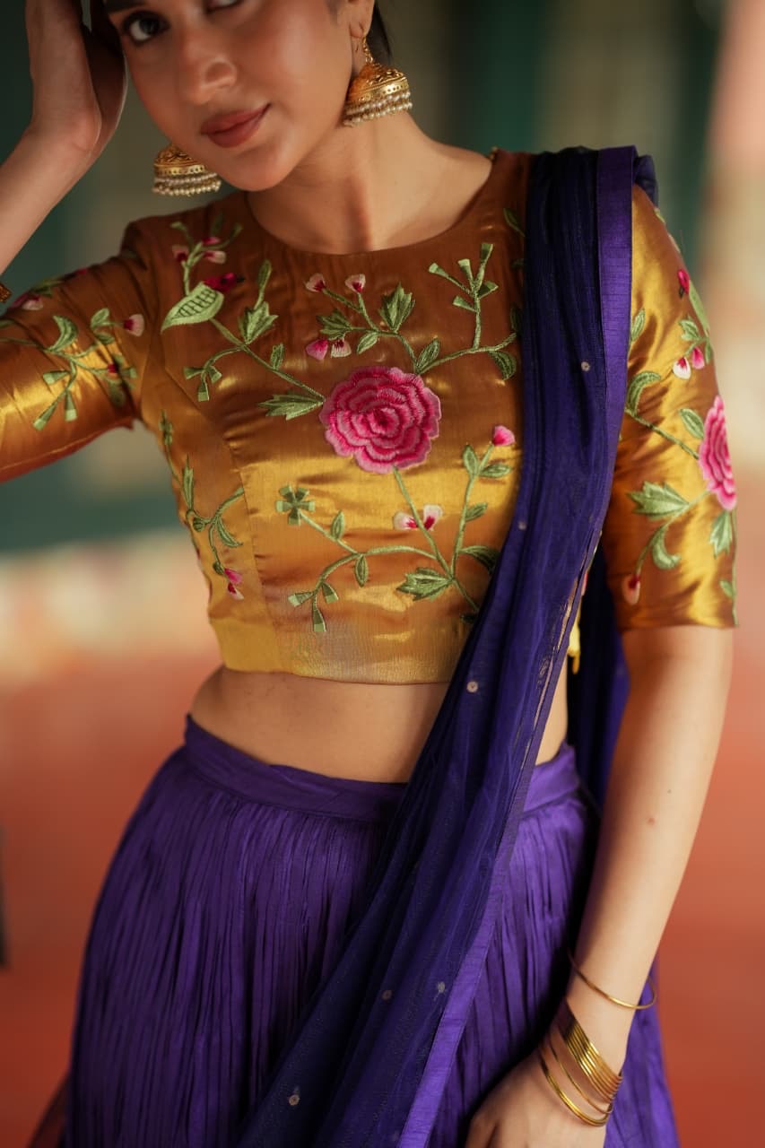 Purple gold embroidery lehenga