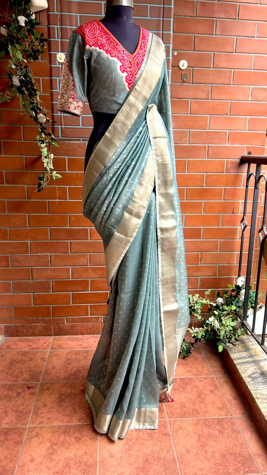 Grey banarasi saree with heavy embroidery blouse