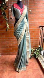 Grey banarasi saree with heavy embroidery blouse