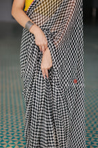 Black & white matrix chiffon saree with chess blouse