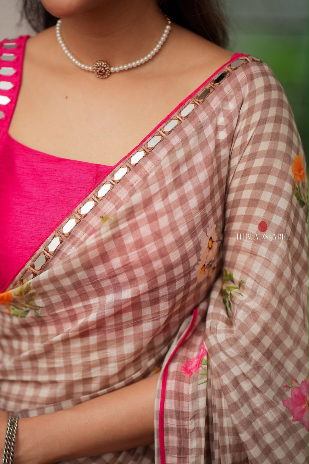 Brown checked mul cotton saree with hand work blouse