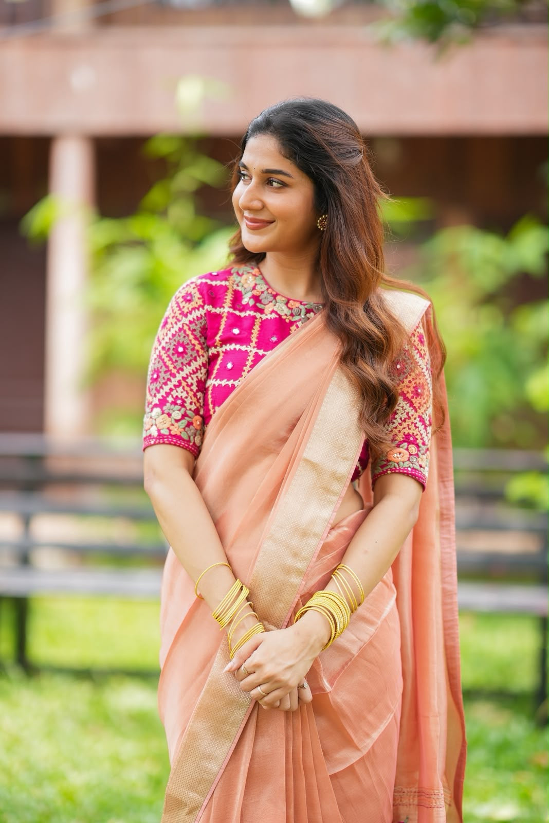 Peach banarasi saree with silk hand work blouse