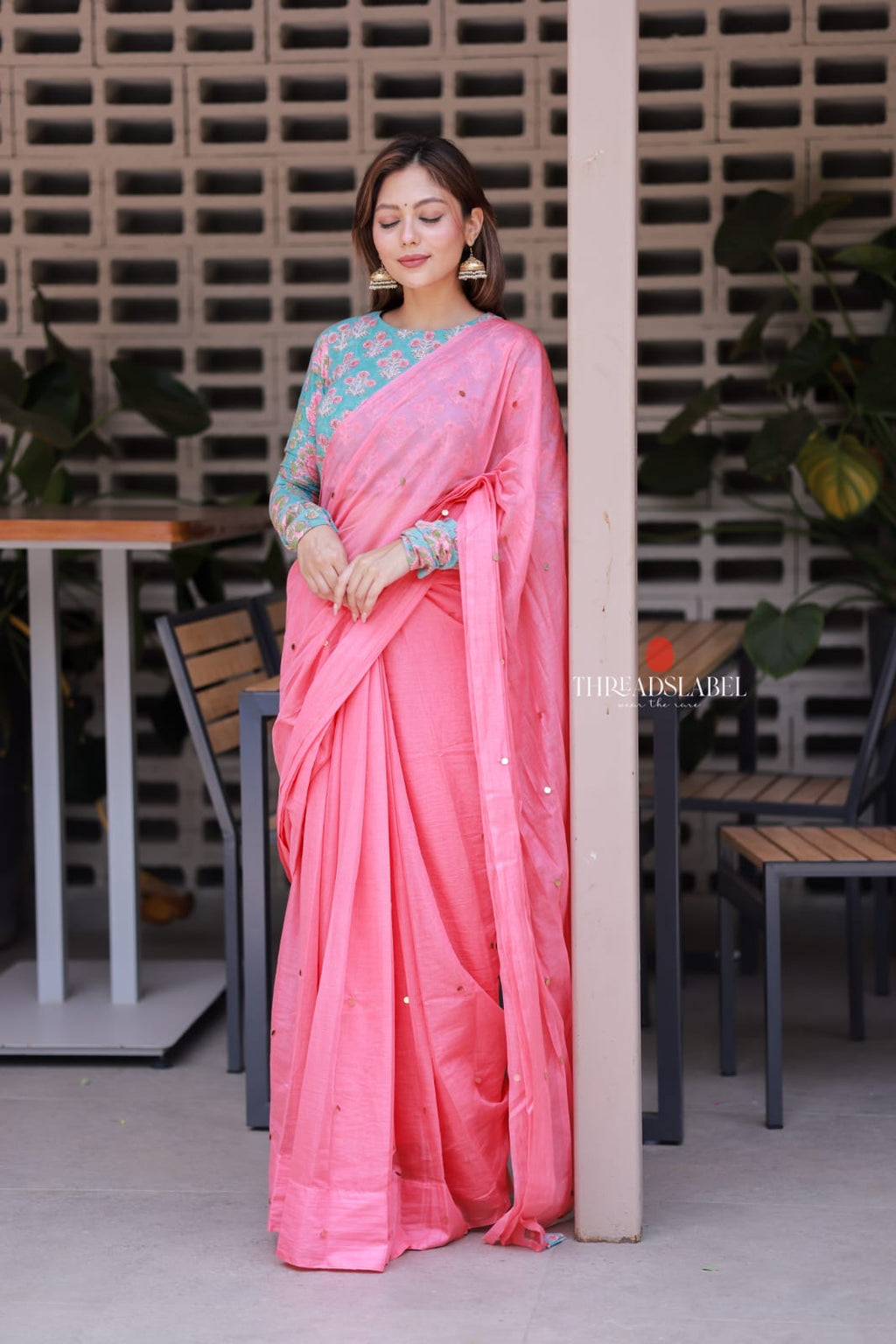 Baby pink mul chanderi saree with floral blouse