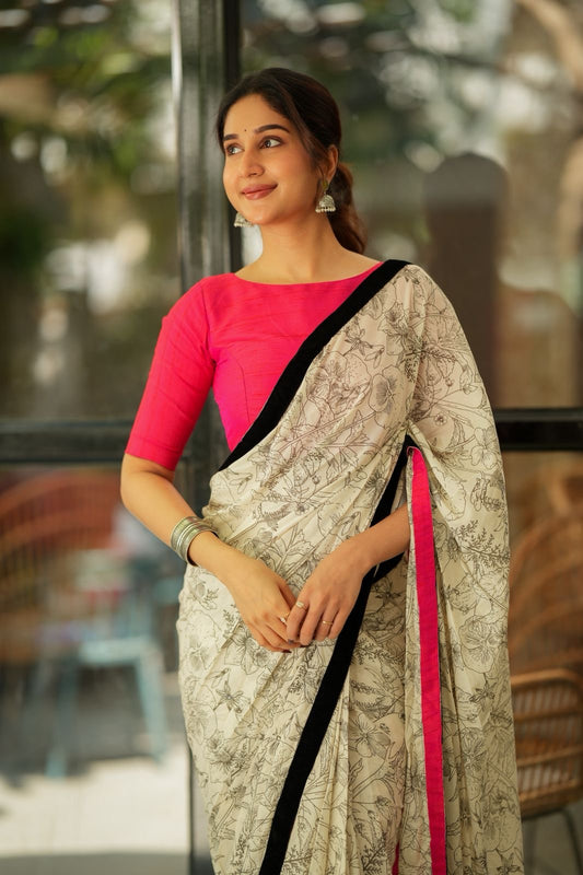 Half white mul cotton kalamkari saree with handwork blouse