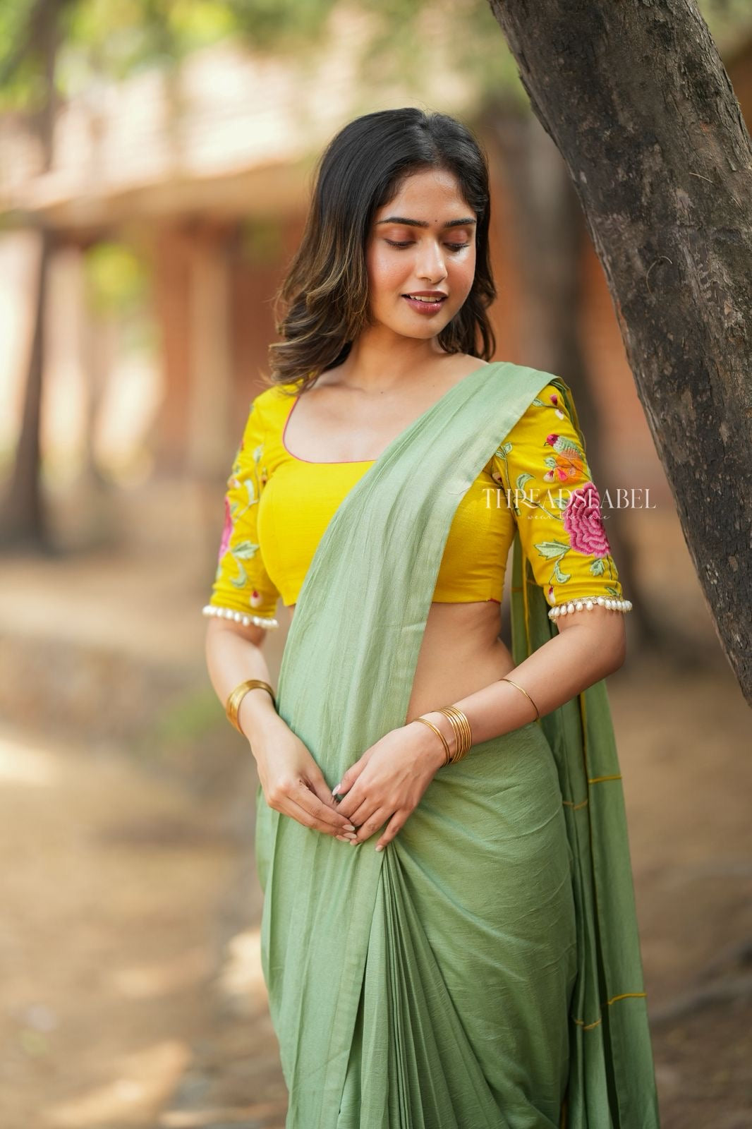 Green marble silk saree with embroidery blouse