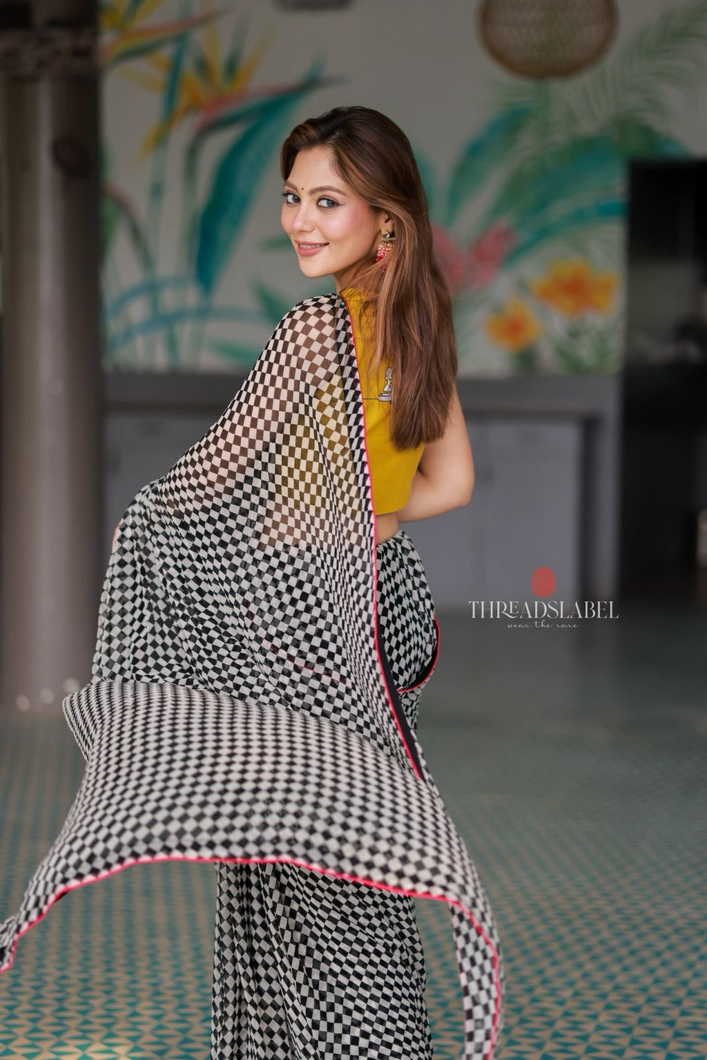 Black & white matrix chiffon saree with chess blouse