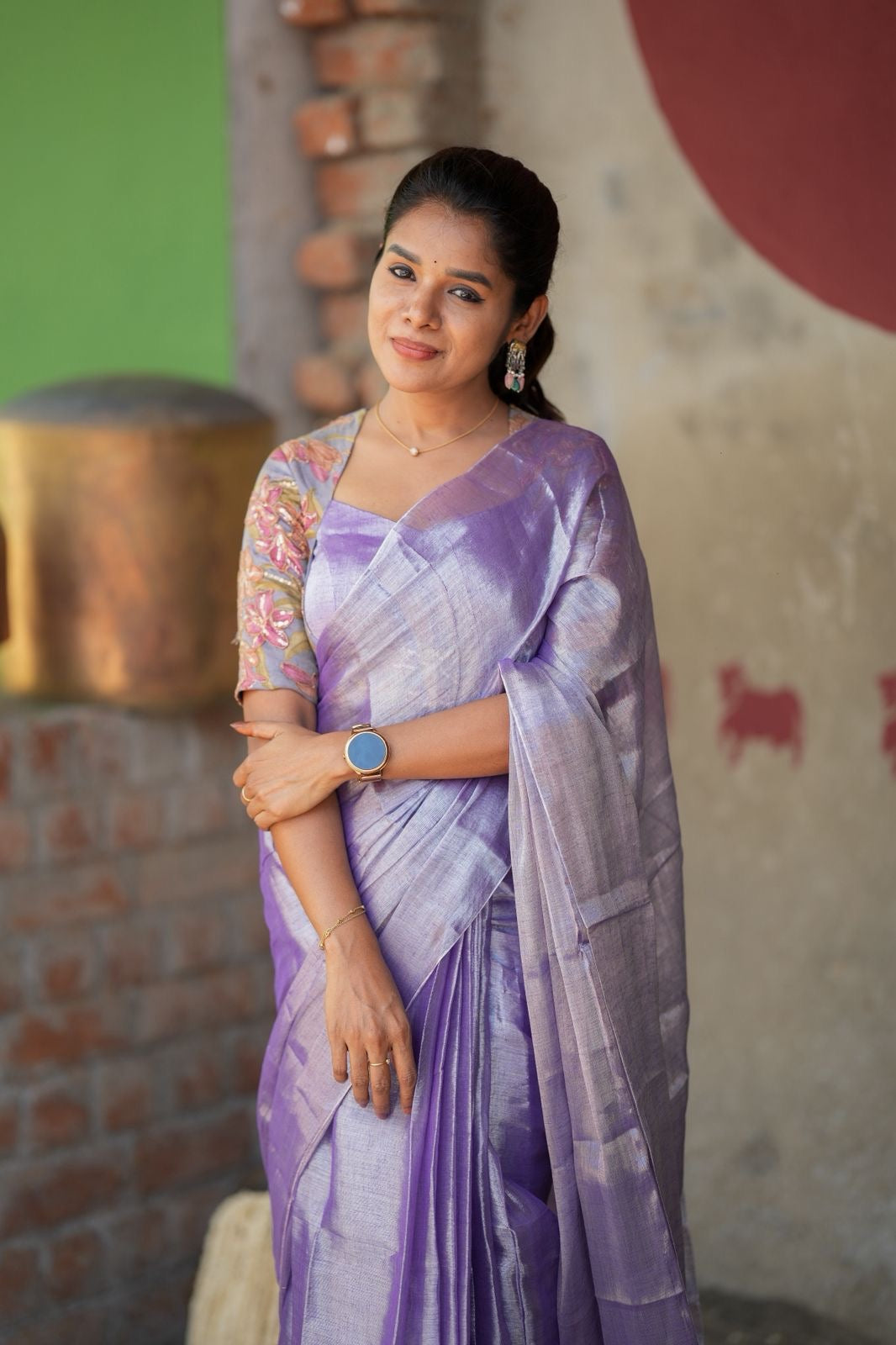 Lavender soft tissue saree with embroidered blouse