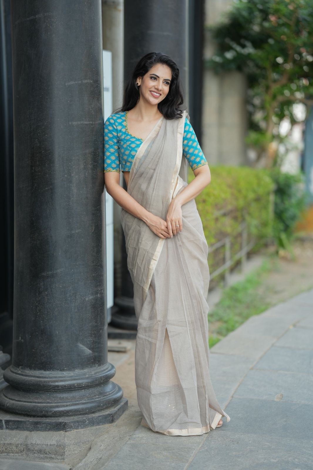 Grey pure kota saree with blue hand work blouse