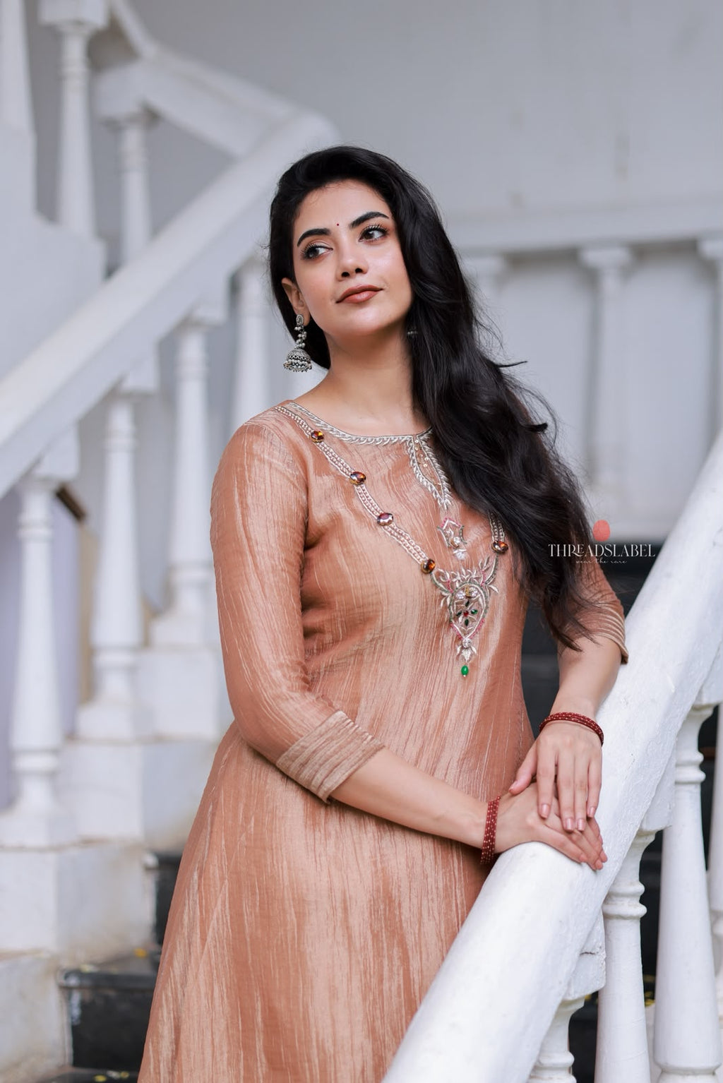 Peach tissue JEWEL NECK kurti