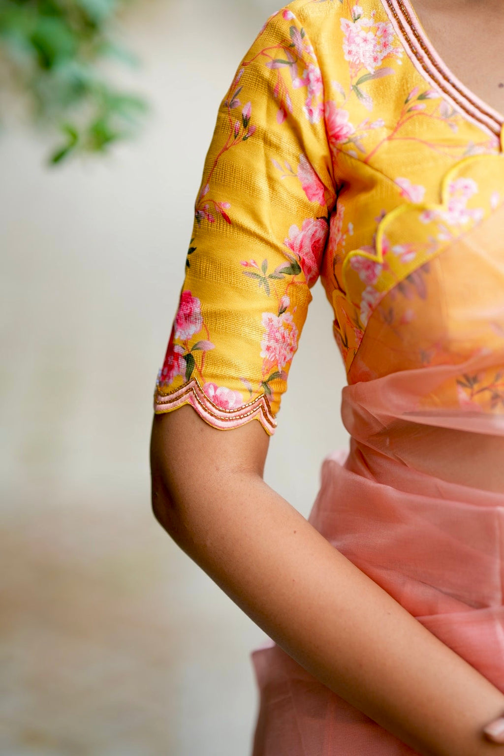 Peach organza saree with yellow floral hand work blouse