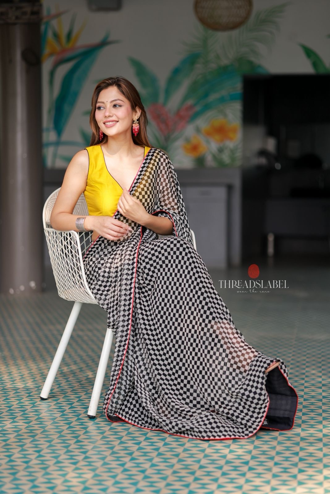 Black & white matrix chiffon saree with chess blouse