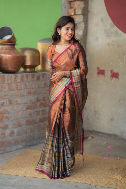 Copper soft tissue saree with handwork blouse