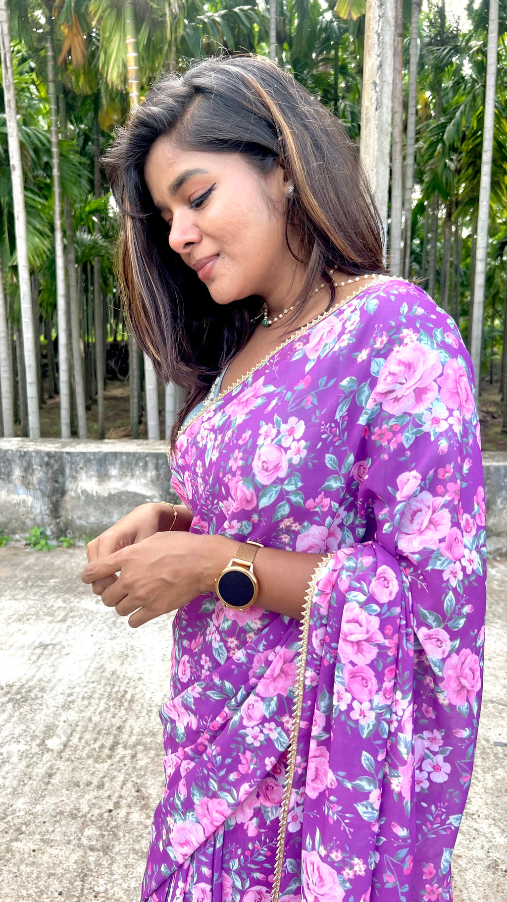 Purple floral georgette saree with hand worked blouse