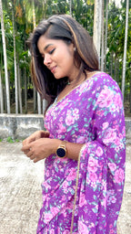 Purple floral georgette saree with hand worked blouse