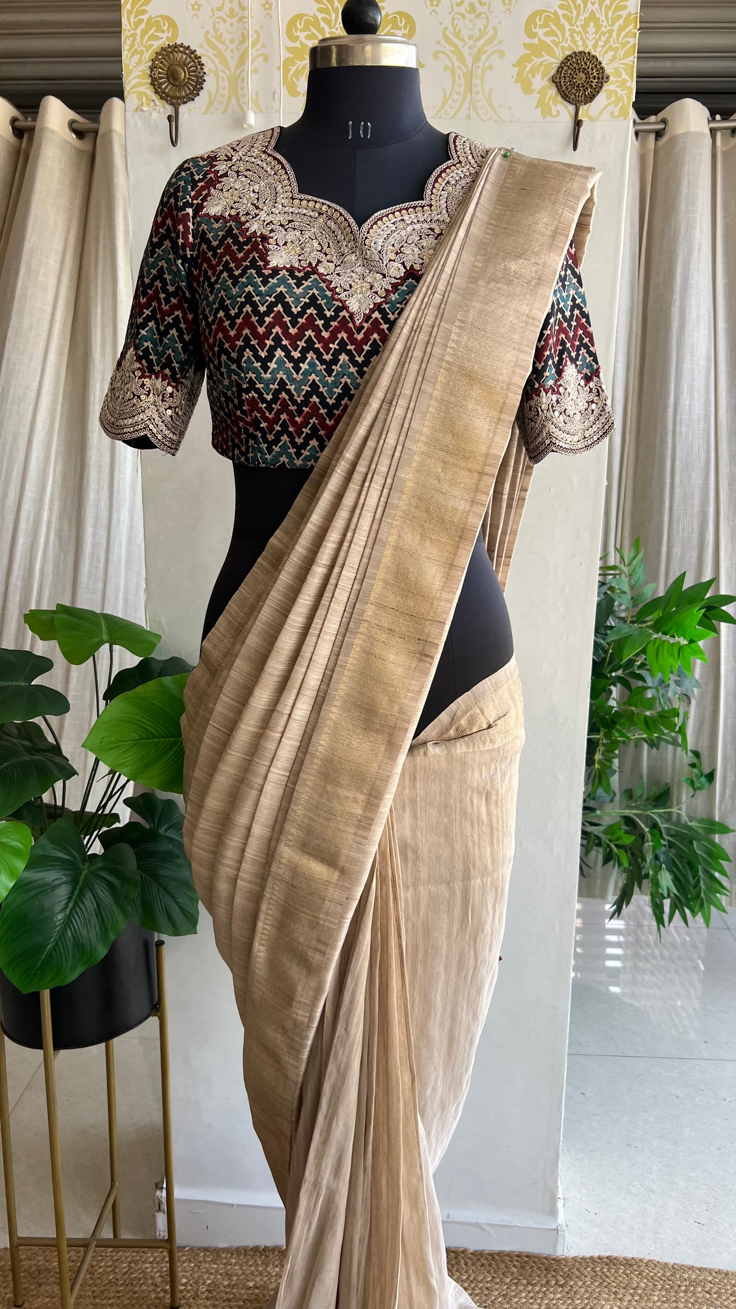 Golden cream tissue saree with ajrak embroidery blouse