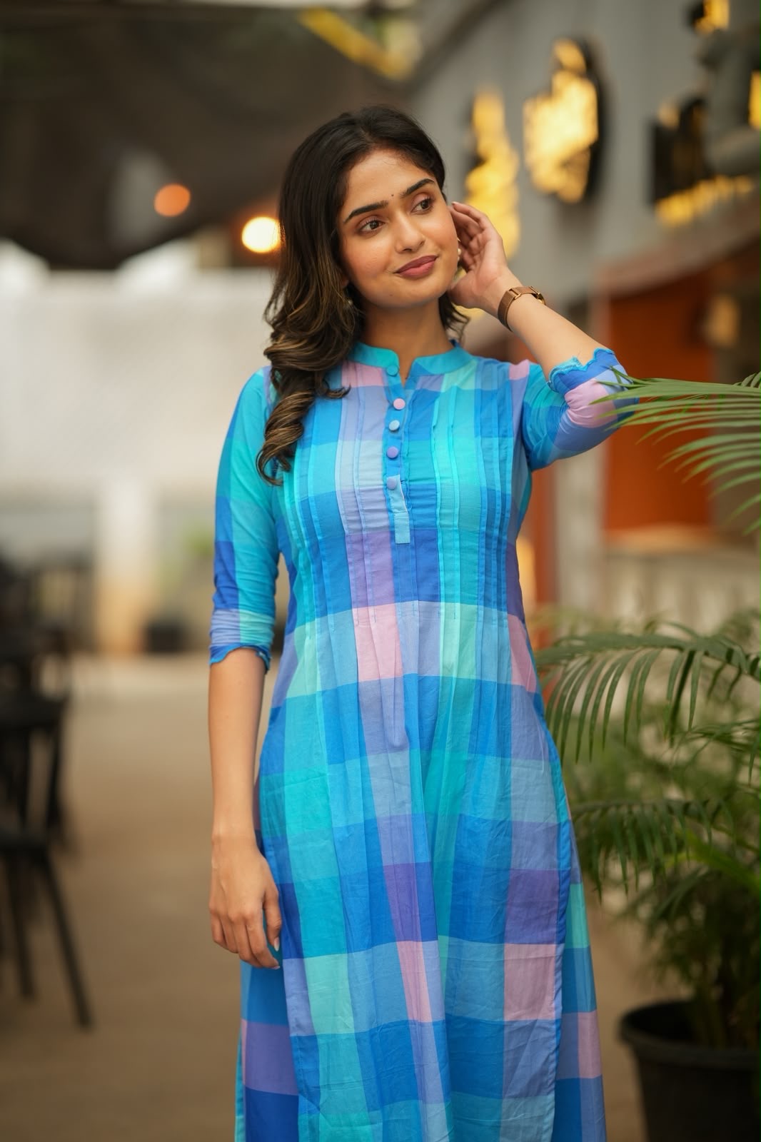 Blue checked cotton 2 piece kurti