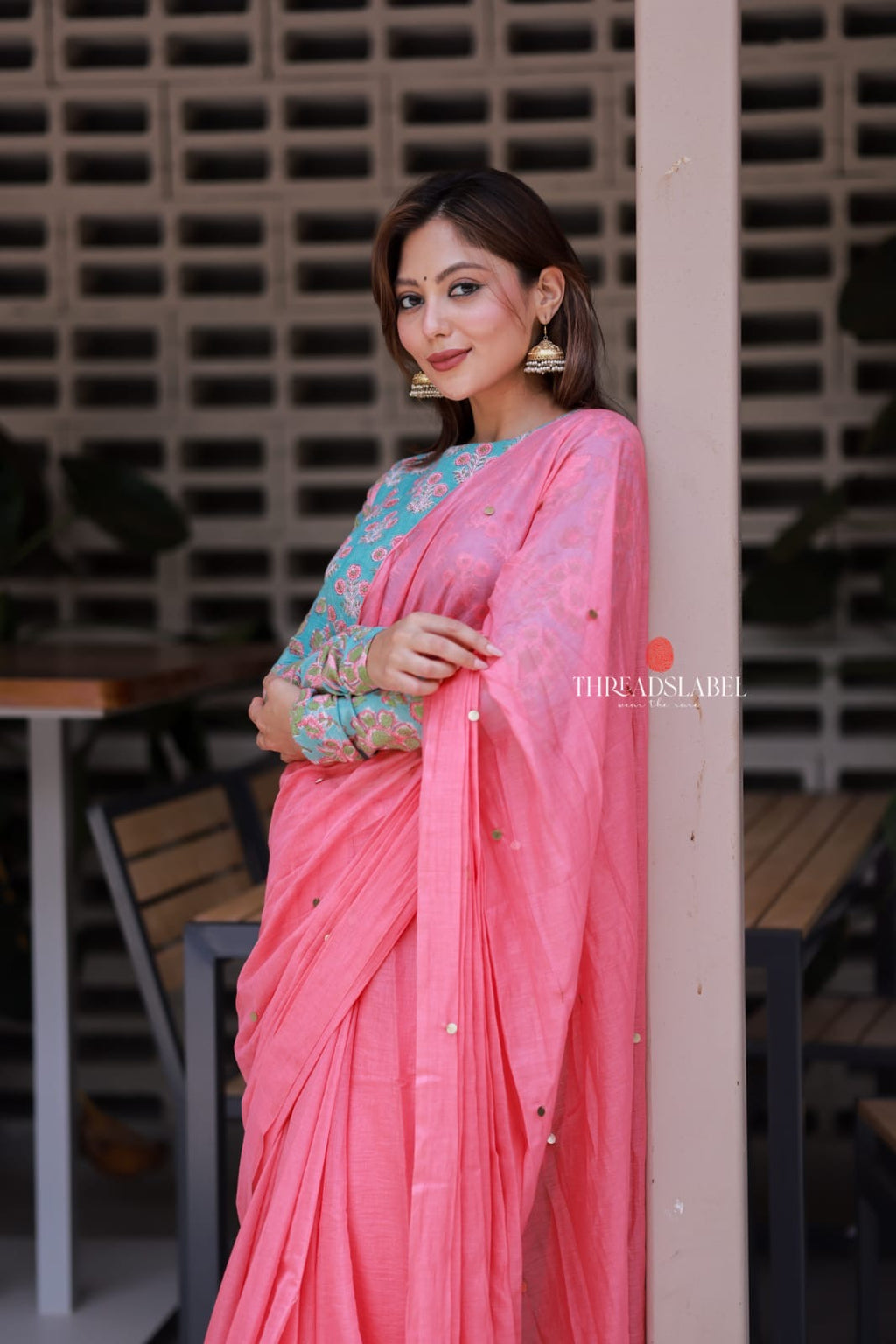 Baby pink mul chanderi saree with floral blouse