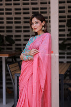 Baby pink mul chanderi saree with floral blouse