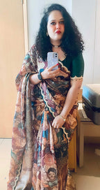Brown kota kalamkari saree with embroidery blouse
