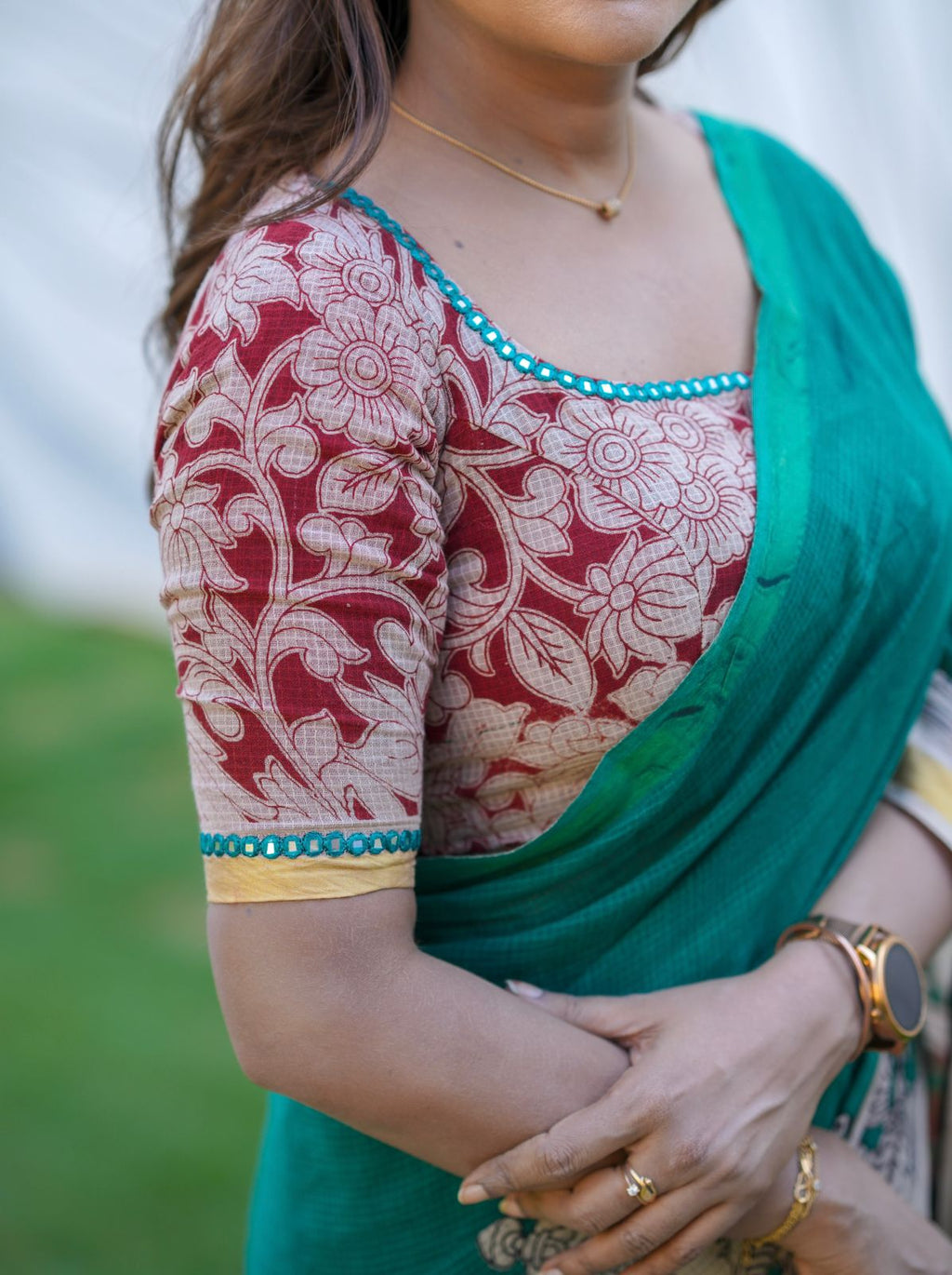 Green kota saree with kalamkari work blouse