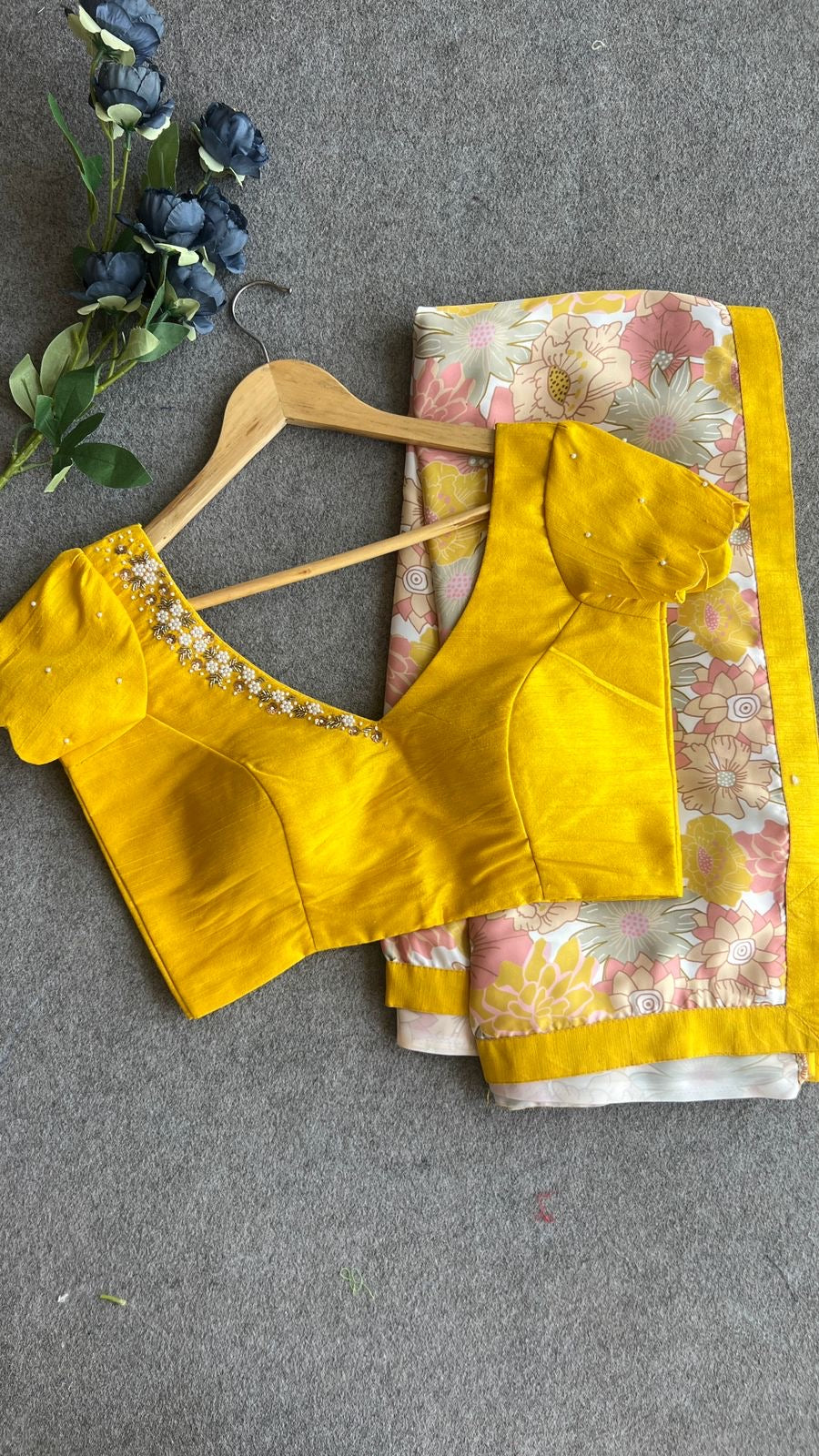 Yellow viscose floral saree with hand worked blouse