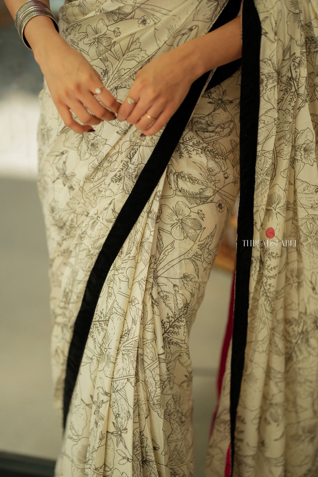 Half white mul cotton kalamkari saree with handwork blouse