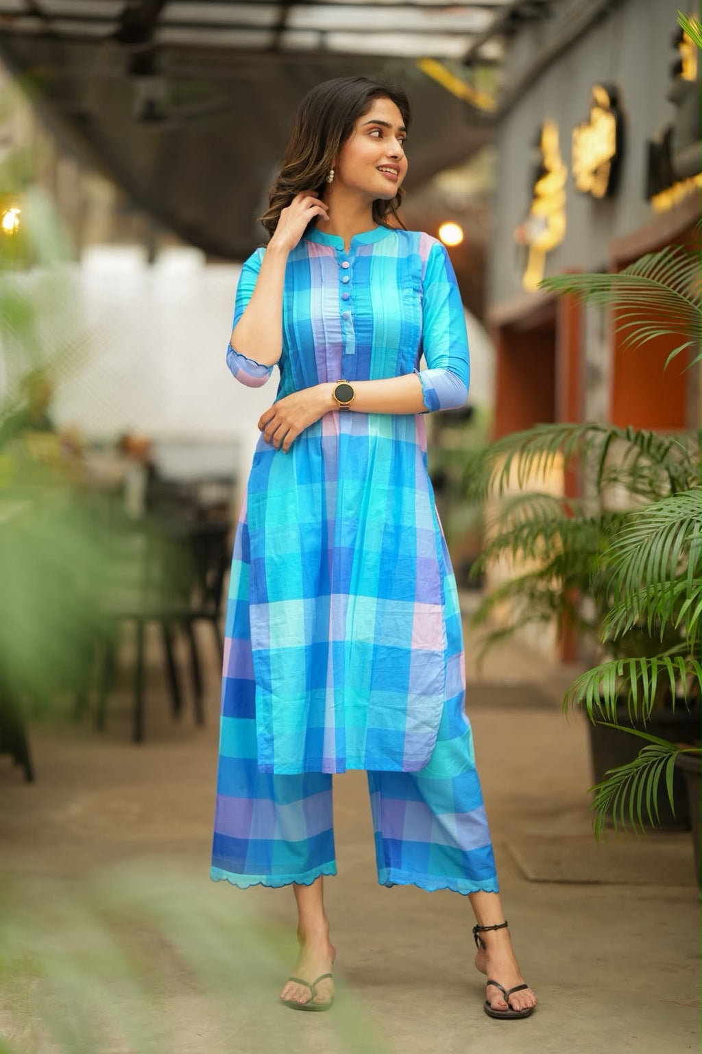 Blue checked cotton 2 piece kurti