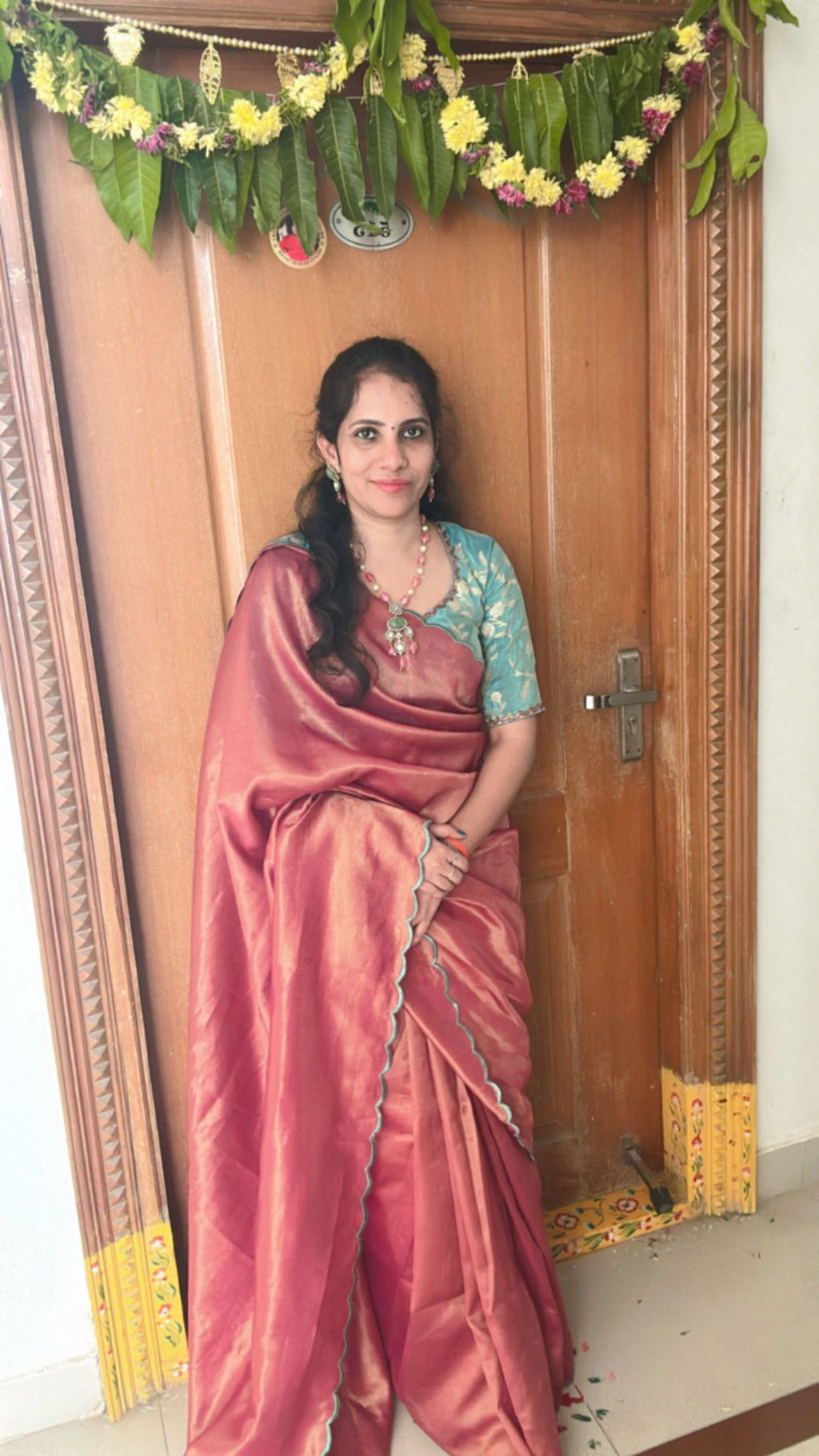 Blue tissue banarasi hand worked blouse (Only blouse)