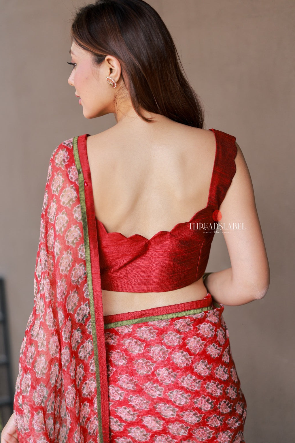 Red cotton kota saree with hand work blouse