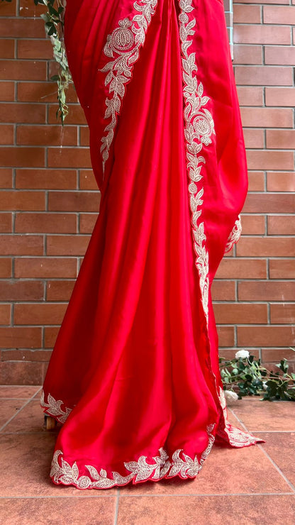 Red Gajji silk saree with heavy embroidery blouse