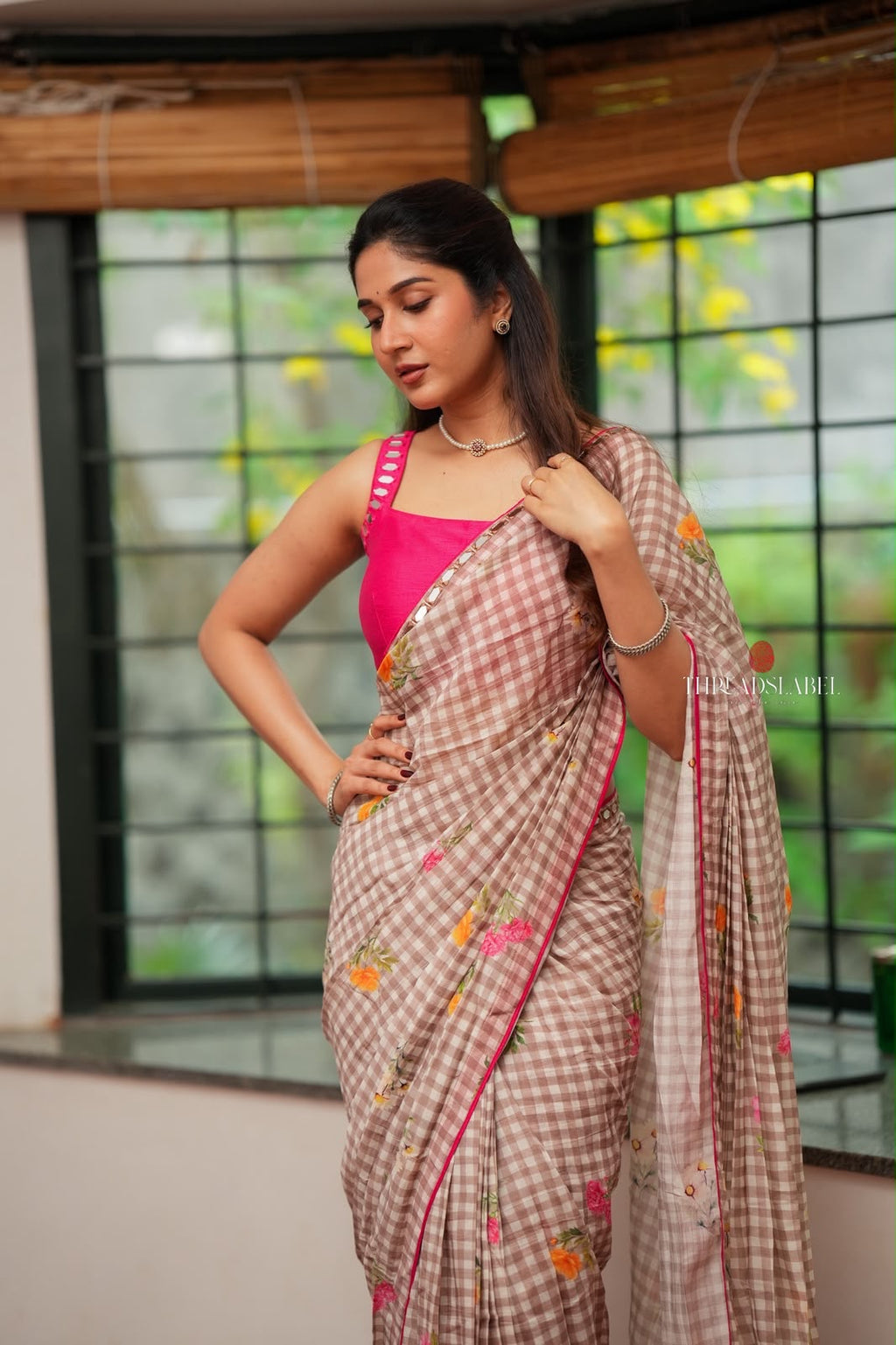 Brown checked mul cotton saree with hand work blouse